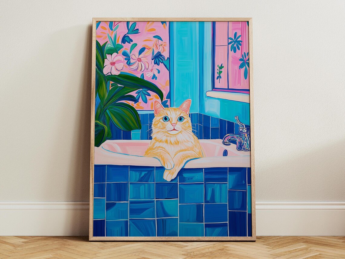 Orange Cat Lounging In A Turquoise Bathroom With Pink Floral Art Poster