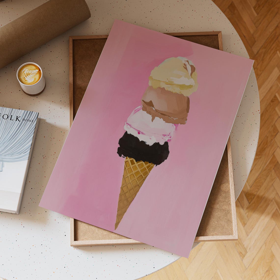 Four Scoop Ice Cream Cone Painting on Pink Background Poster - Image 3