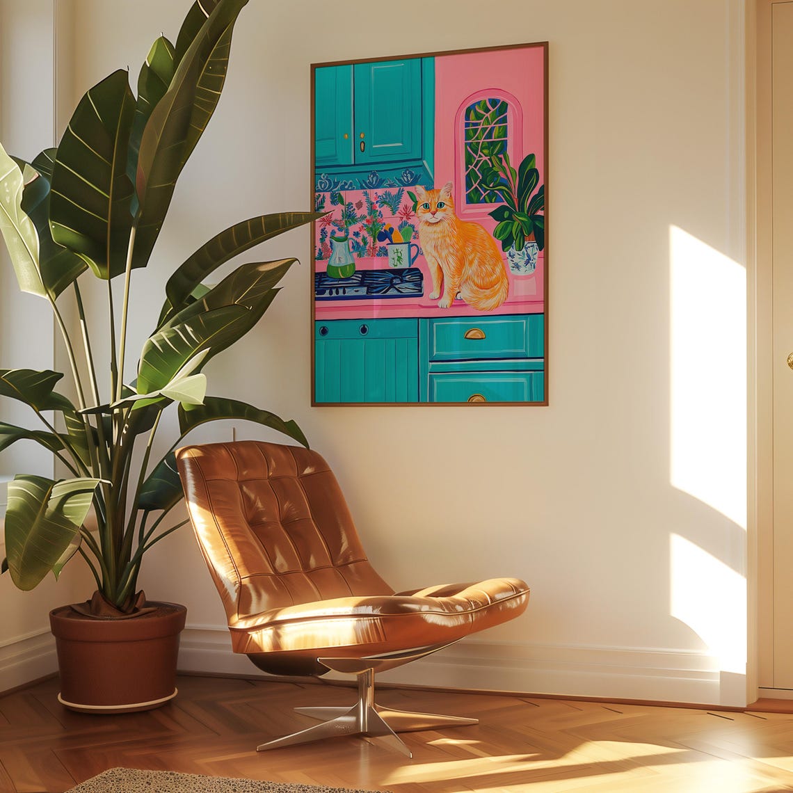 Orange Cat Sitting On A Pink Kitchen Counter With Teal Cabinets Poster - Image 6