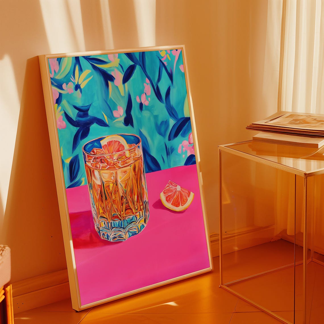 Negroni Cocktail In Crystal Glass With Grapefruit On Pink Art Poster - Image 3