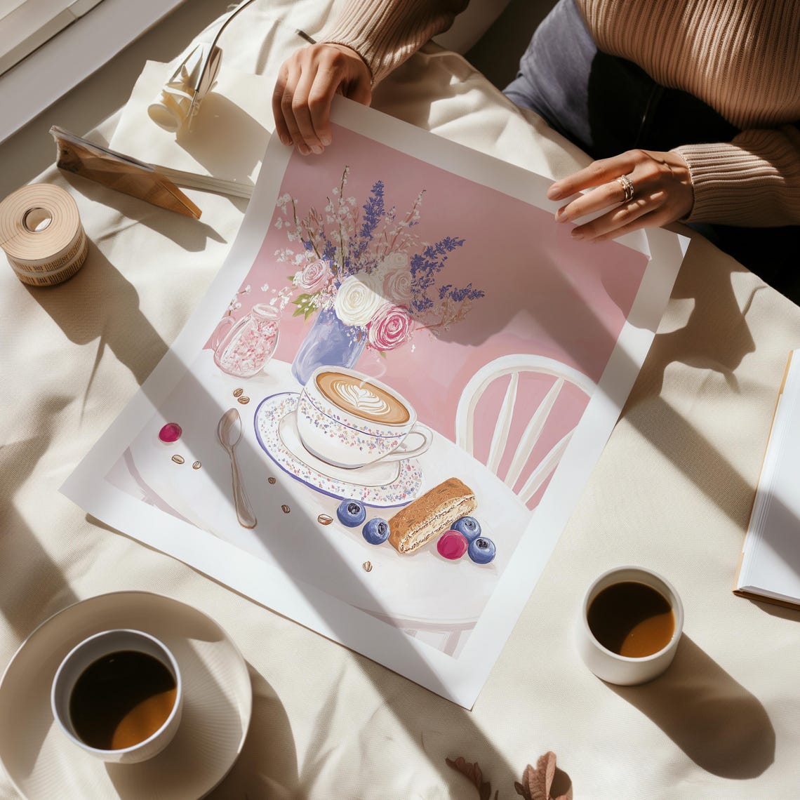 Latte Art Cup with Biscotti and Flowers Soft Pink Coffee Poster - Image 2