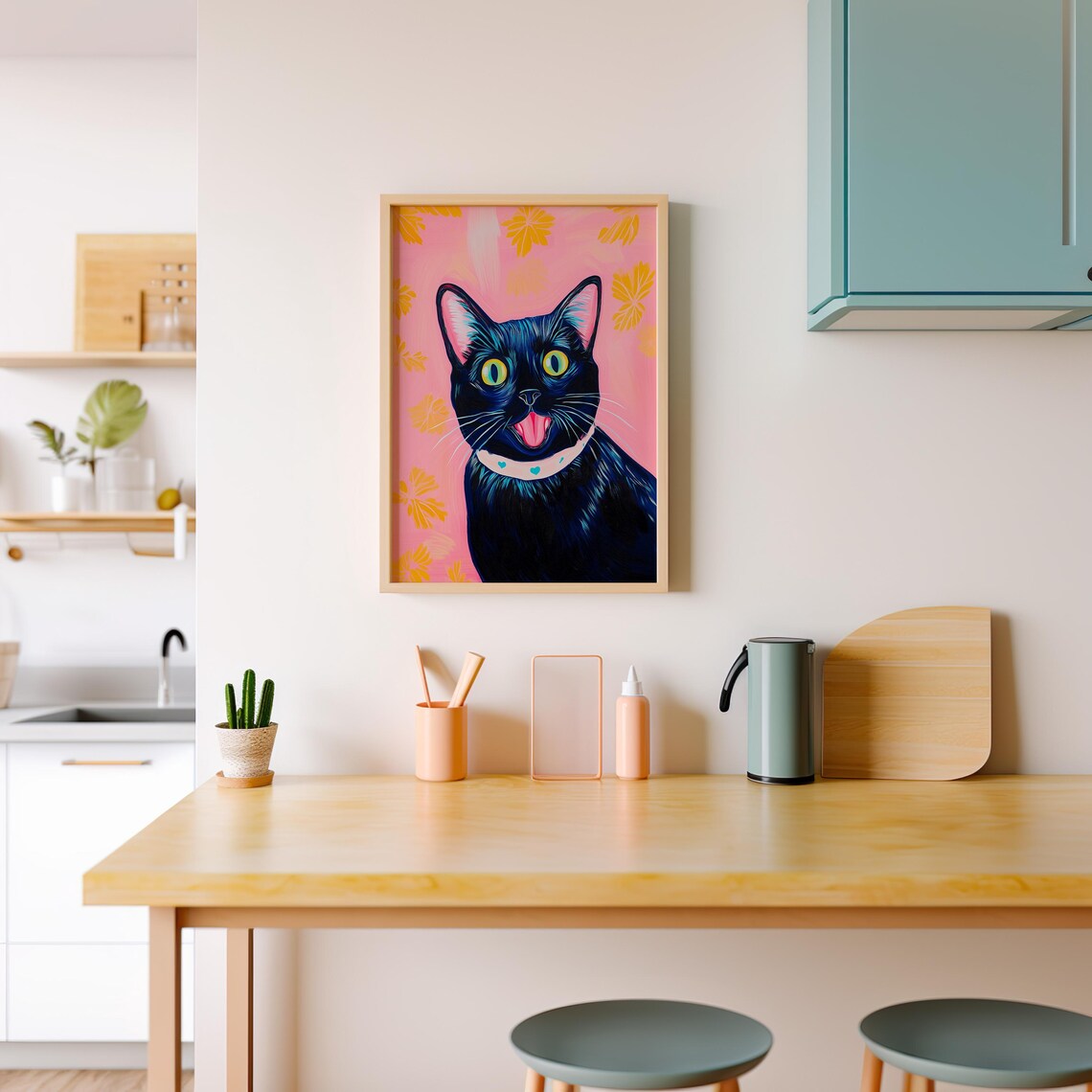 Happy Black Cat With Tongue Out on a Pink Floral Background Poster - Image 4