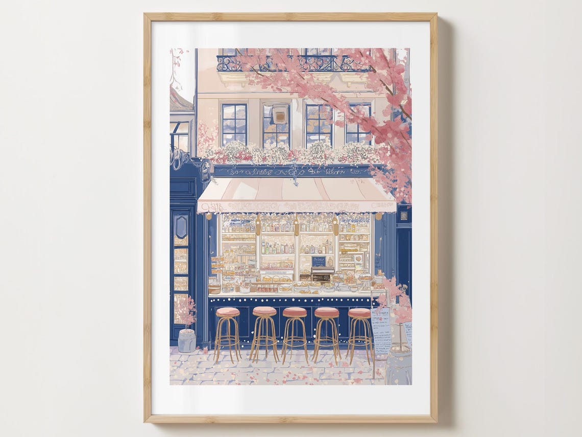 Coffee Bar Counter with Pink Stools and Cherry Blossoms Poster