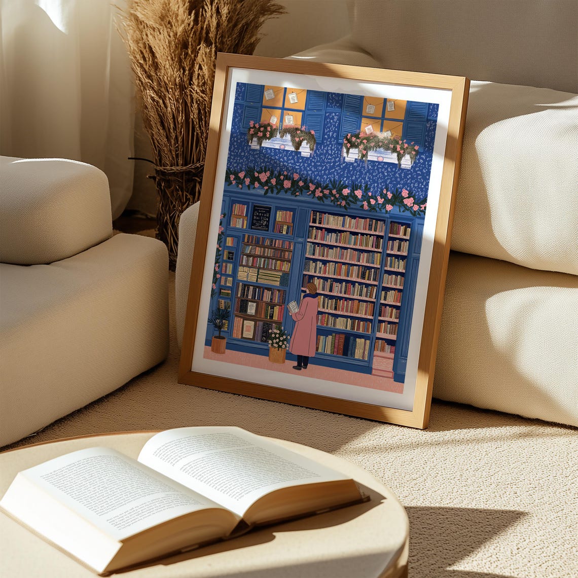 Bookstore Interior With Reader Browsing Tall Blue Bookshelves Poster - Image 3