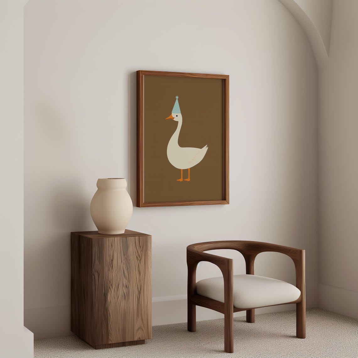 White Goose In A Blue Party Hat On A Warm Brown Minimal Art Poster - Image 3