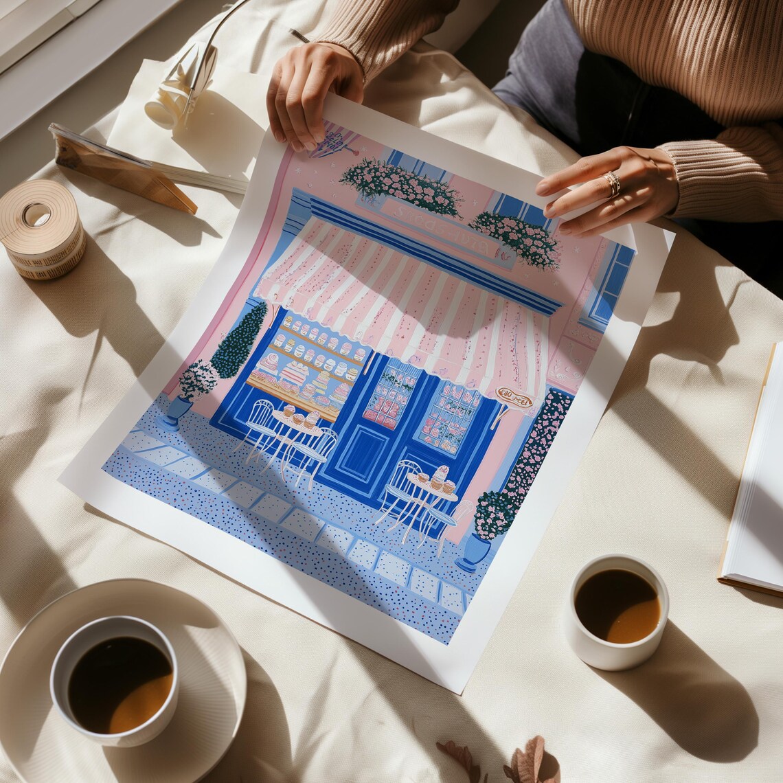 Pink Patisserie Storefront with a Pretty Striped Awning Art Poster - Image 3
