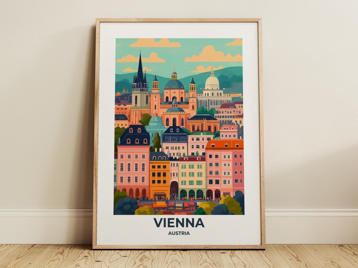 Colorful Vienna Cityscape with Historic Churches Travel Poster