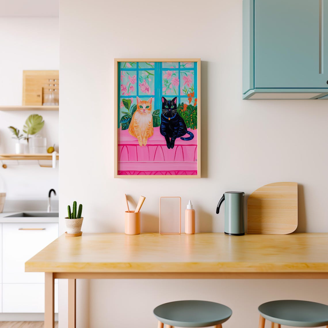 Ginger and Black Cats on a Pink Ledge by Floral Window Poster - Image 5