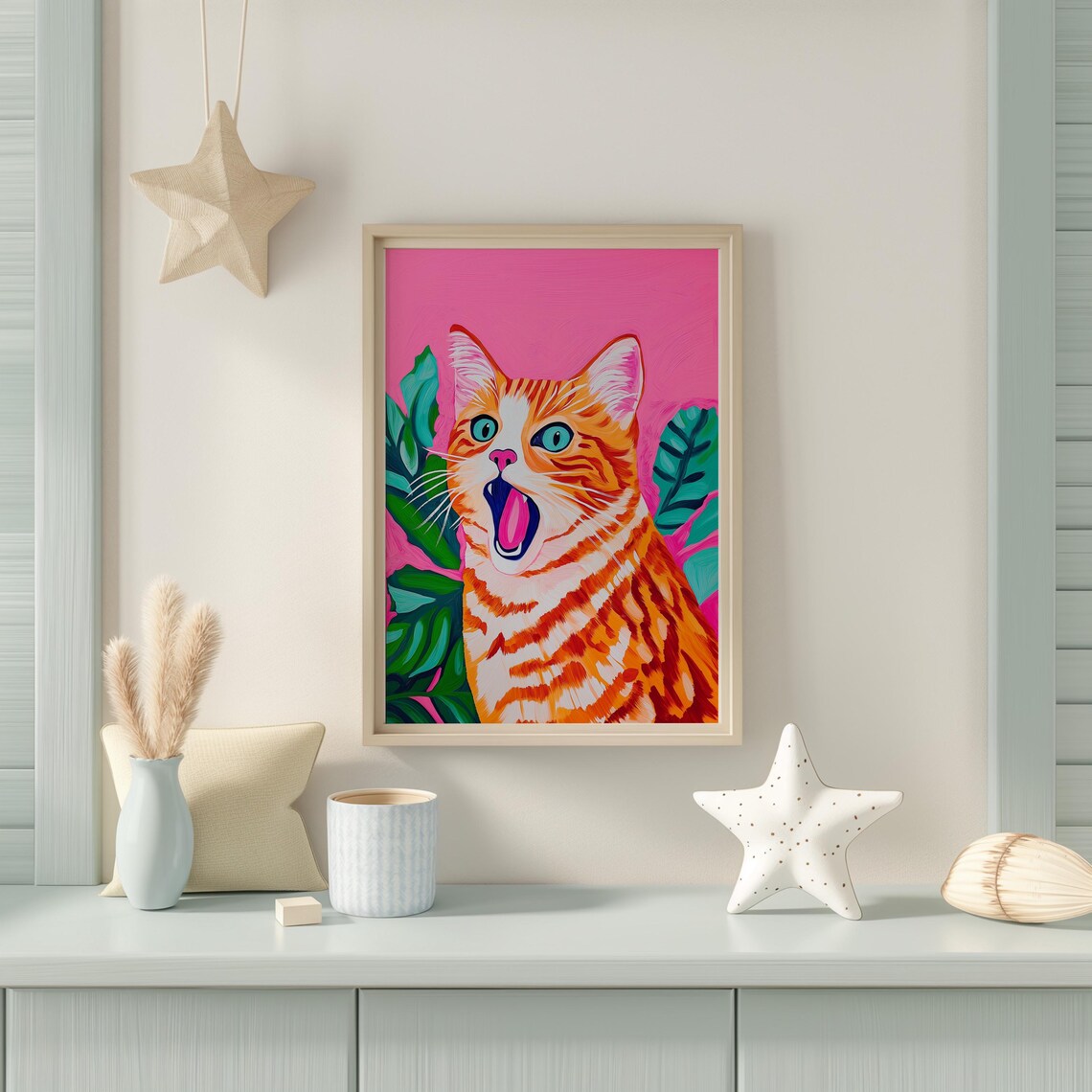 Yawning Orange Tabby Cat With Big Blue Eyes On Pink Art Poster - Image 5