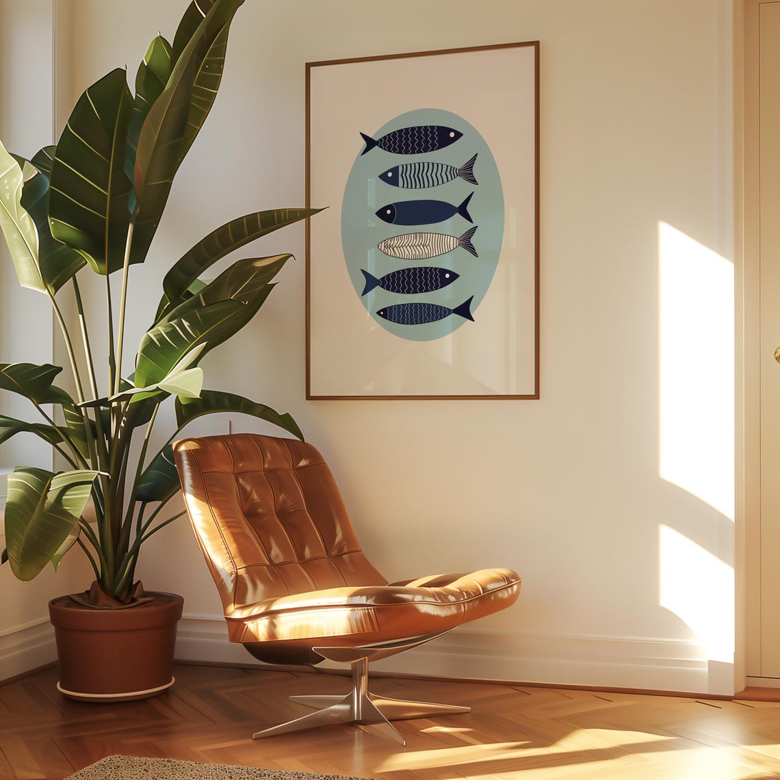 Six Navy Patterned Fish Arranged In A Blue Oval On White Poster - Image 2