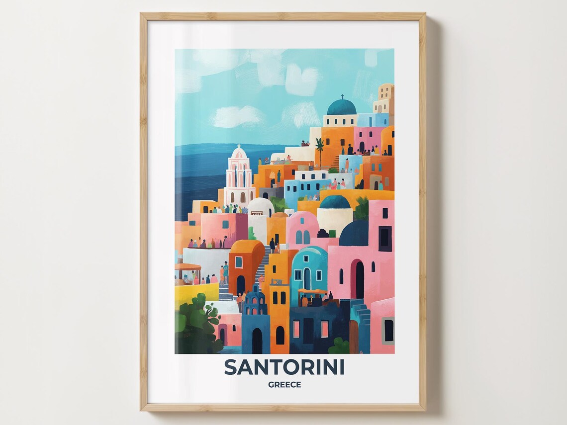 Santorini Cliffside Village in Dreamy Pastel Colors Travel Poster
