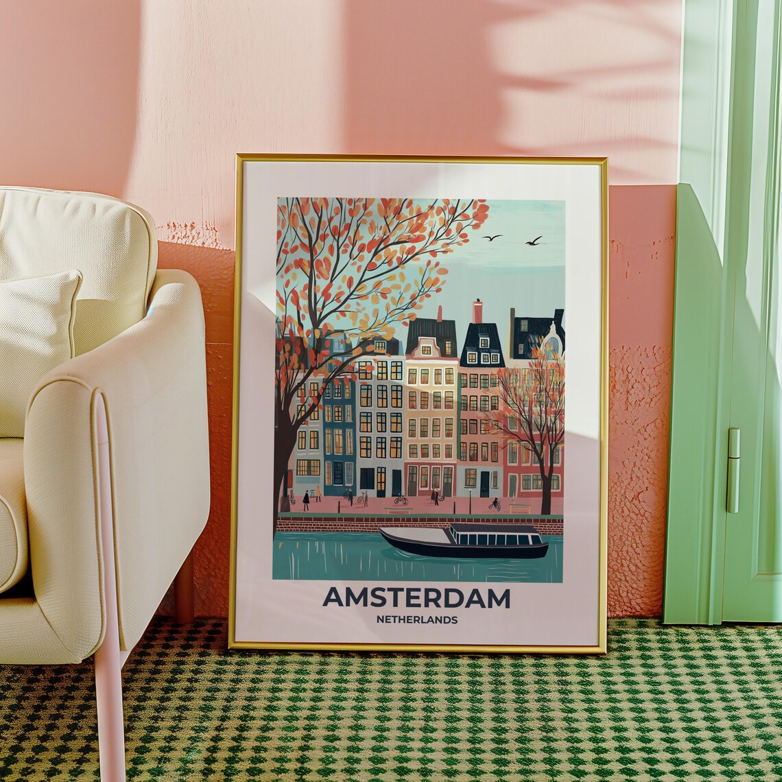 Amsterdam Autumn Canal Gabled Houses Boat Netherlands Poster - Image 5