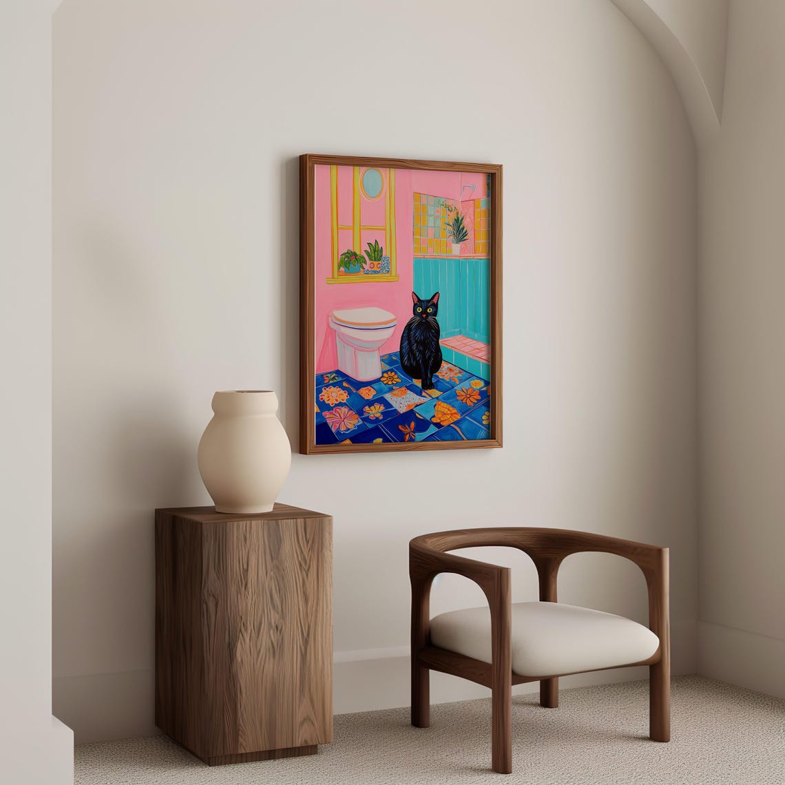 Black Cat Standing Beside a Toilet in Retro Pink Bathroom Poster - Image 6