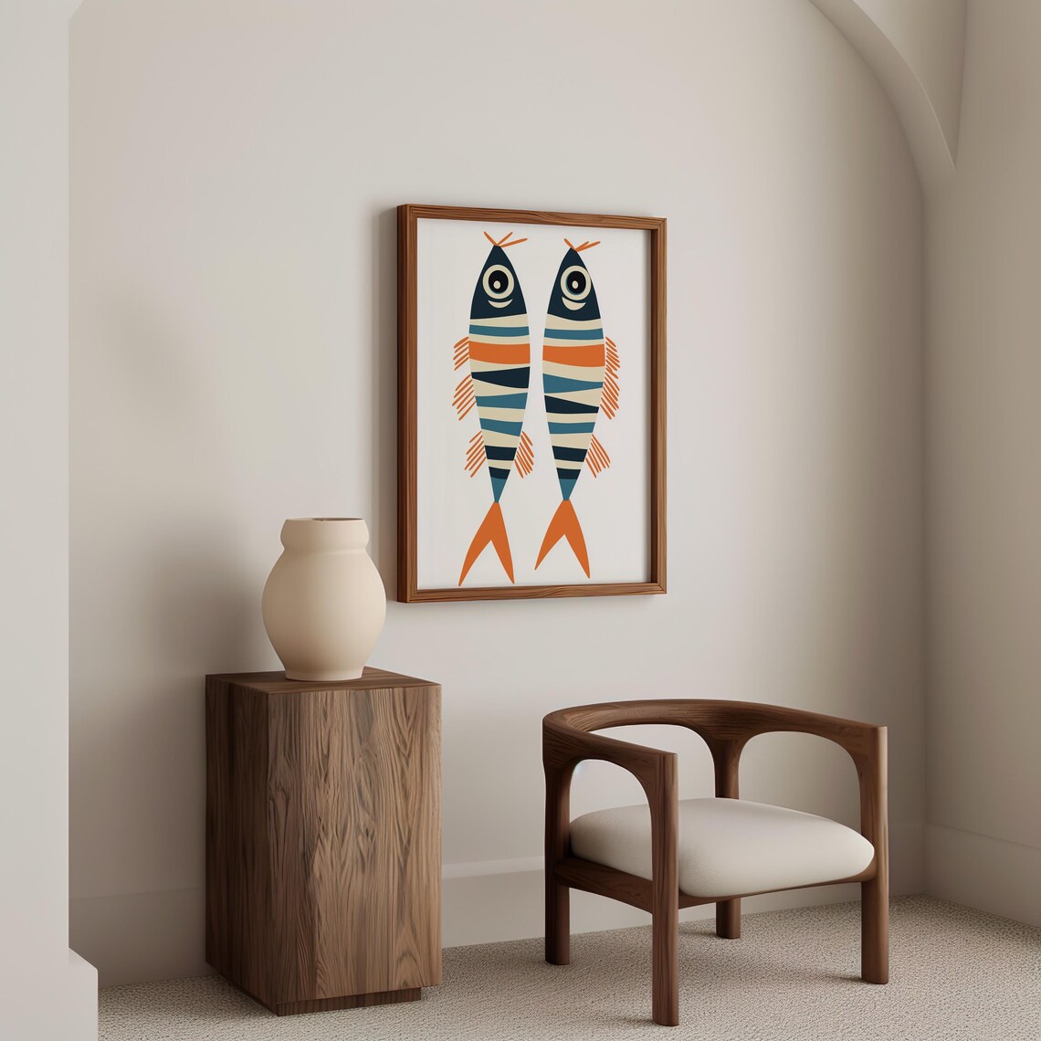 Pair Of Striped Fish In Navy Orange And Cream Minimal Wall Poster - Image 5