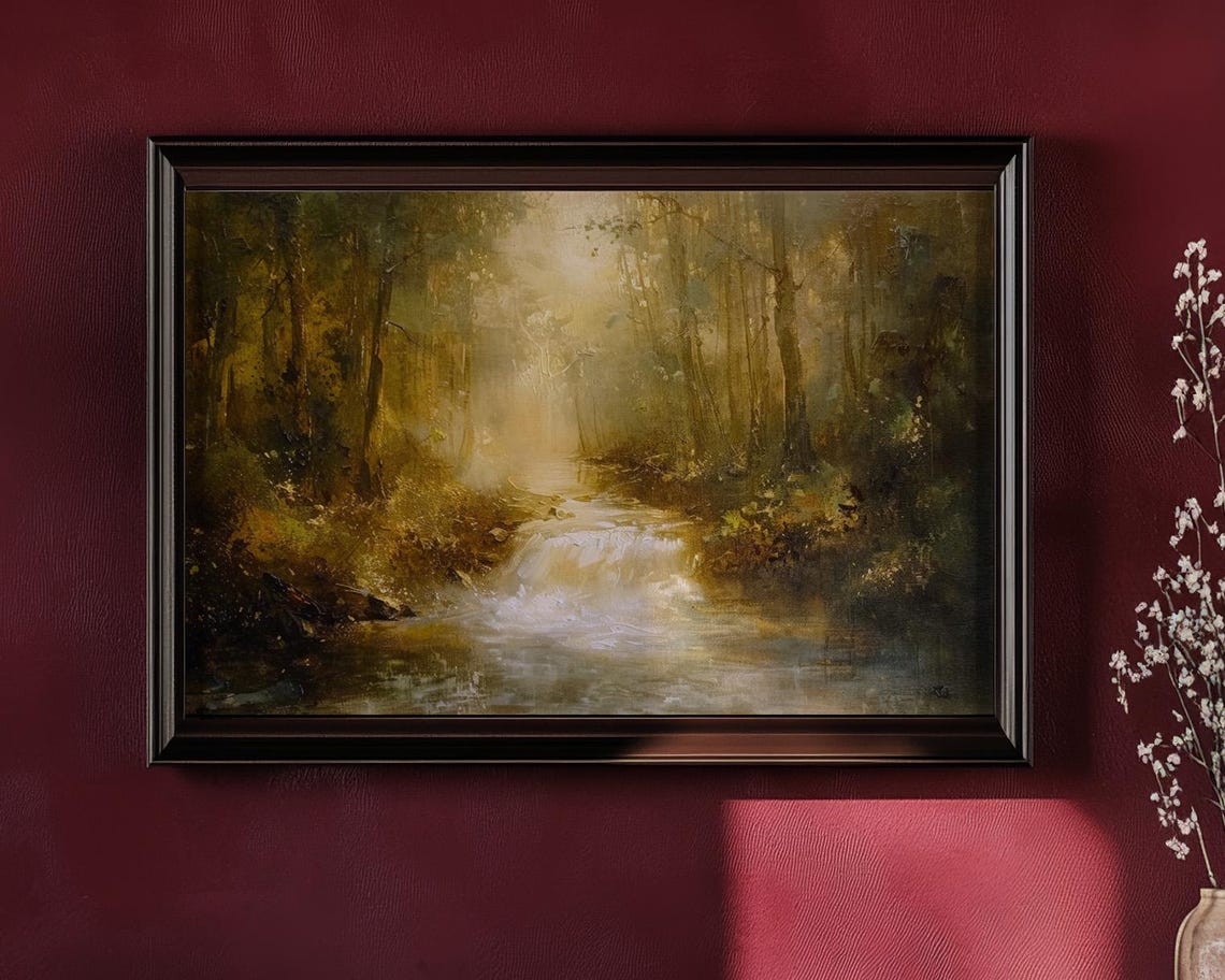 Vintage Waterfall Landscape Painting Tranquil Woodland Wall Art Serene Forest Scenery Rustic Home Decor Instant - Image 2