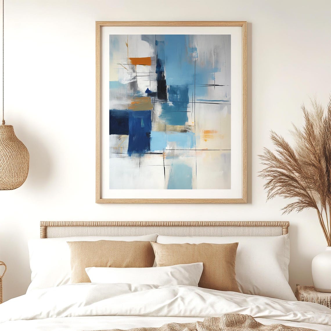 Blue White Abstract With Orange Accent Modern Minimalist Art Poster