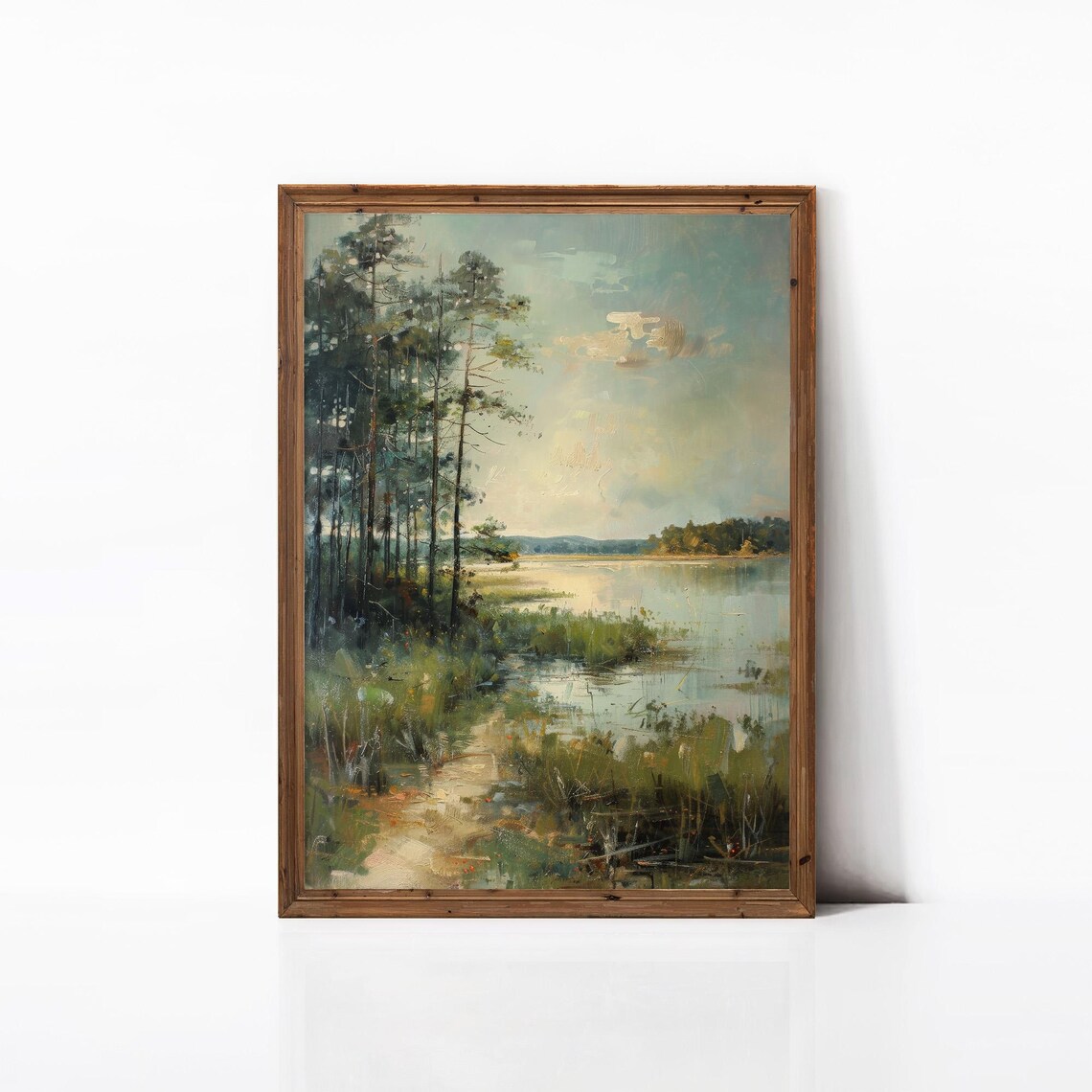 Vintage Lakeside Landscape Painting, Rustic Home Decor