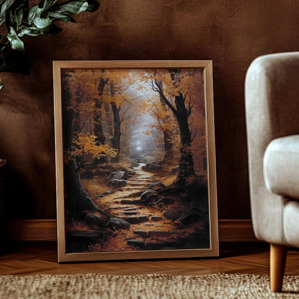 Golden Autumn Forest Stone Steps Pathway Vintage Woodland Poster - Image 2