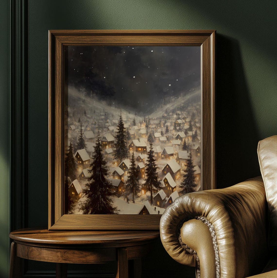 Snowy Winter Village Night Glowing Windows Pine Trees Art Poster - Image 2