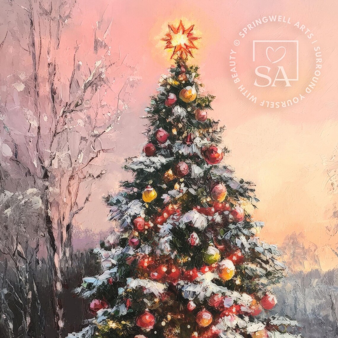 Decorated Christmas Tree Ornaments Glowing Star Snowy Art Poster - Image 5