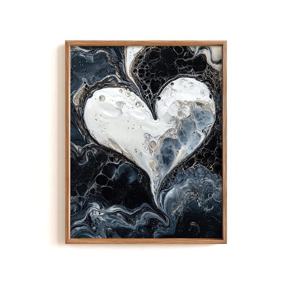Black And White Heart Print Moody Valentines Day Abstract Heart Painting Instant Wall Art Modern Minimalist Decor