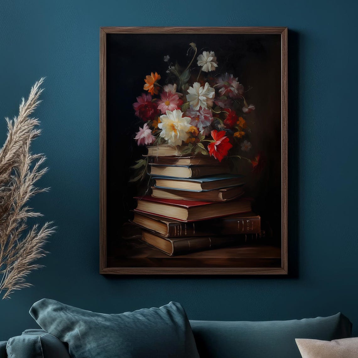 Moody Floral Still Life Flowers On Antique Book Stack Art Poster - Image 2
