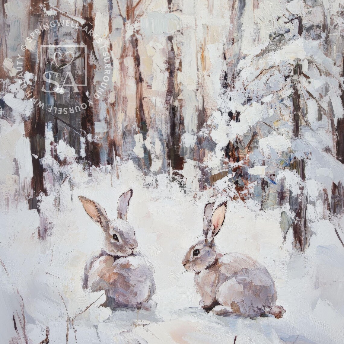 Two Rabbits Snowy Winter Forest Vintage Woodland Wildlife Poster - Image 5