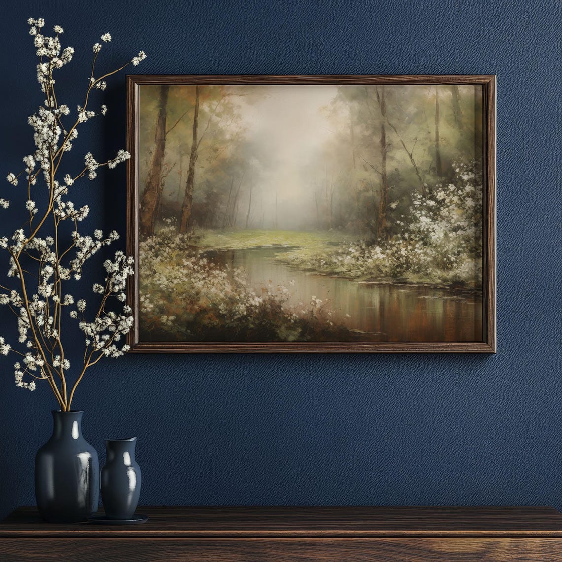 Misty Forest Pond Spring White Wildflower Woodland Nature Art Poster - Image 2