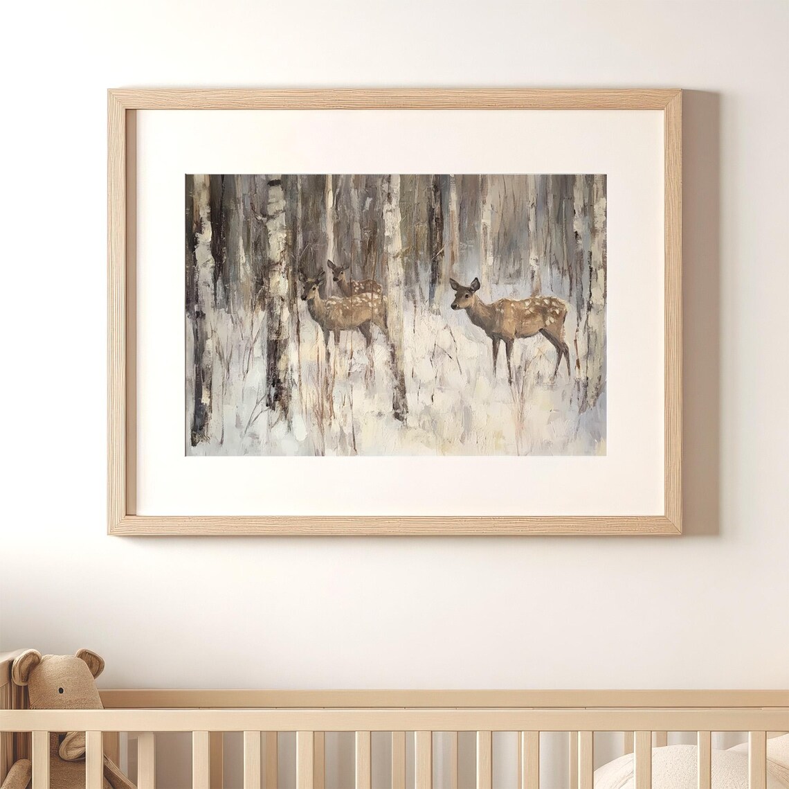 Deer Herd Snowy Birch Forest Vintage Woodland Winter Scene Poster - Image 2