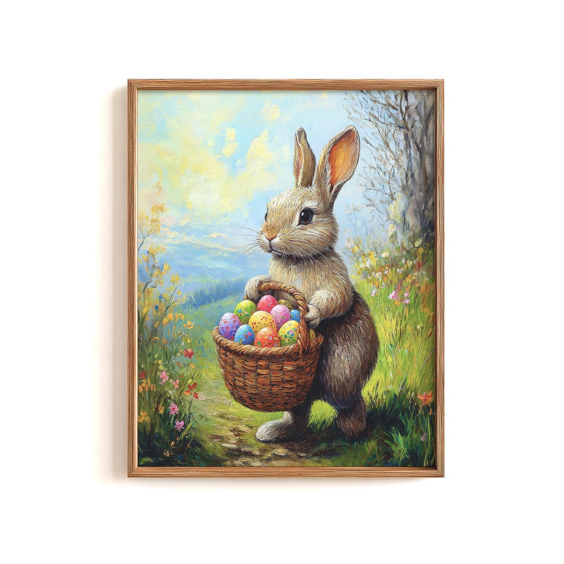 Easter Bunny Basket Painting Cute Rabbit Spring Holiday Poster - Image 2
