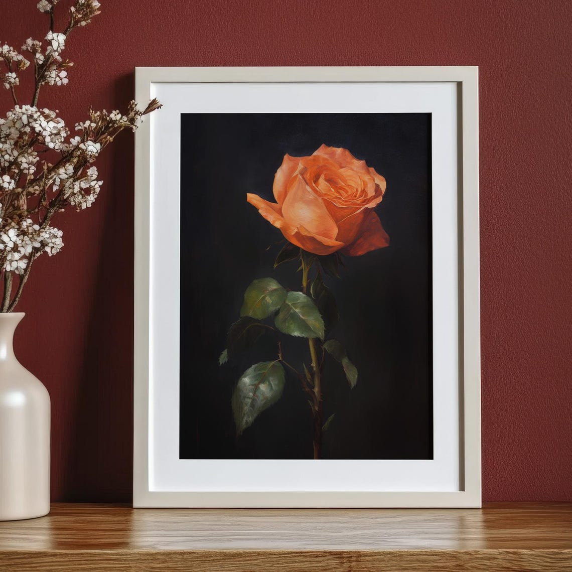 Orange Rose Dark Background Moody Botanical Flower Painting Poster - Image 2
