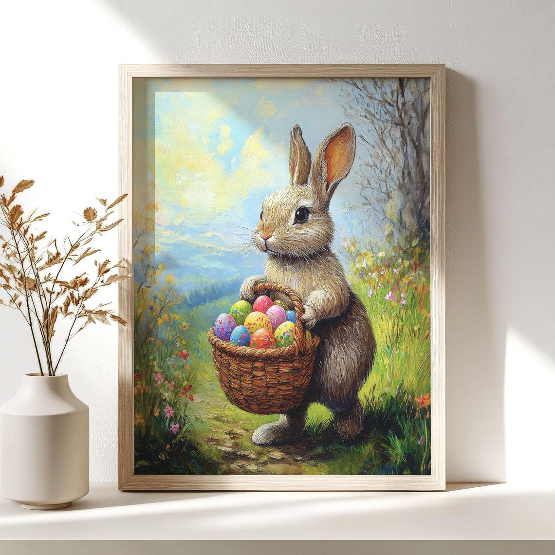 Easter Bunny Basket Painting Cute Rabbit Spring Holiday Poster - Image 3