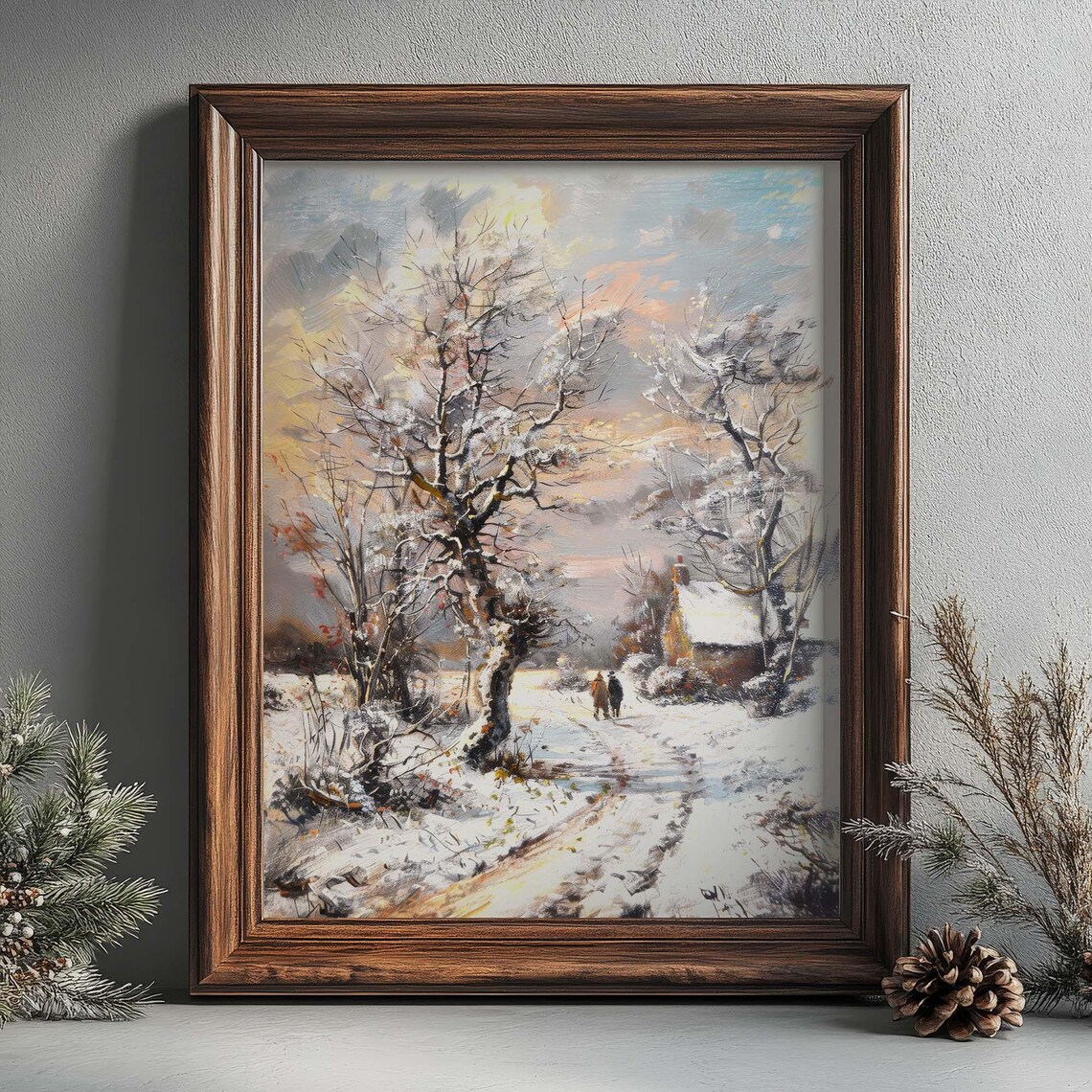 Snowy Country Road Couple Walking Winter Cottage Dusk Art Poster - Image 4