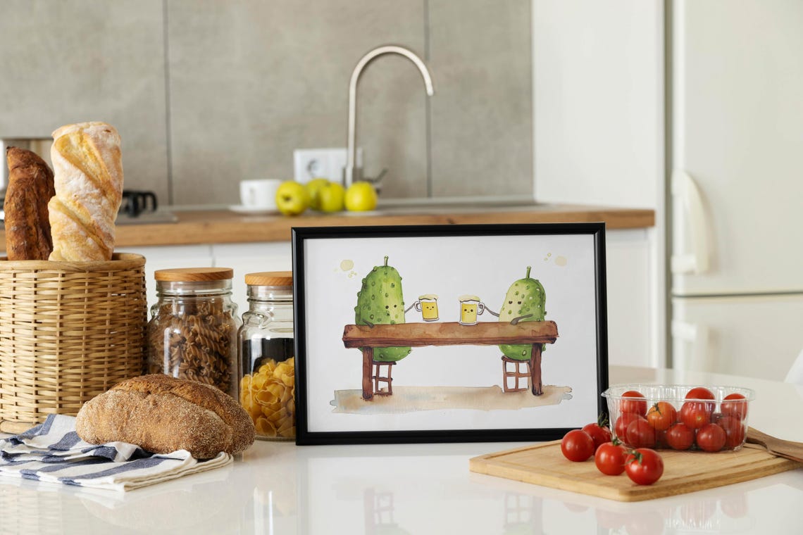 Two Cheerful Pickles Sharing Beer at a Bar in Watercolor Poster - Image 5