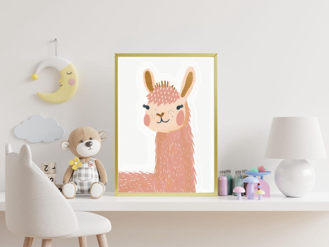 Adorable Peach Llama With Pink Mane Nursery Portrait Wall Art - Image 4