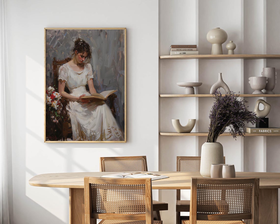Woman in White Gown Reading a Book Vintage Oil Portrait Poster - Image 5