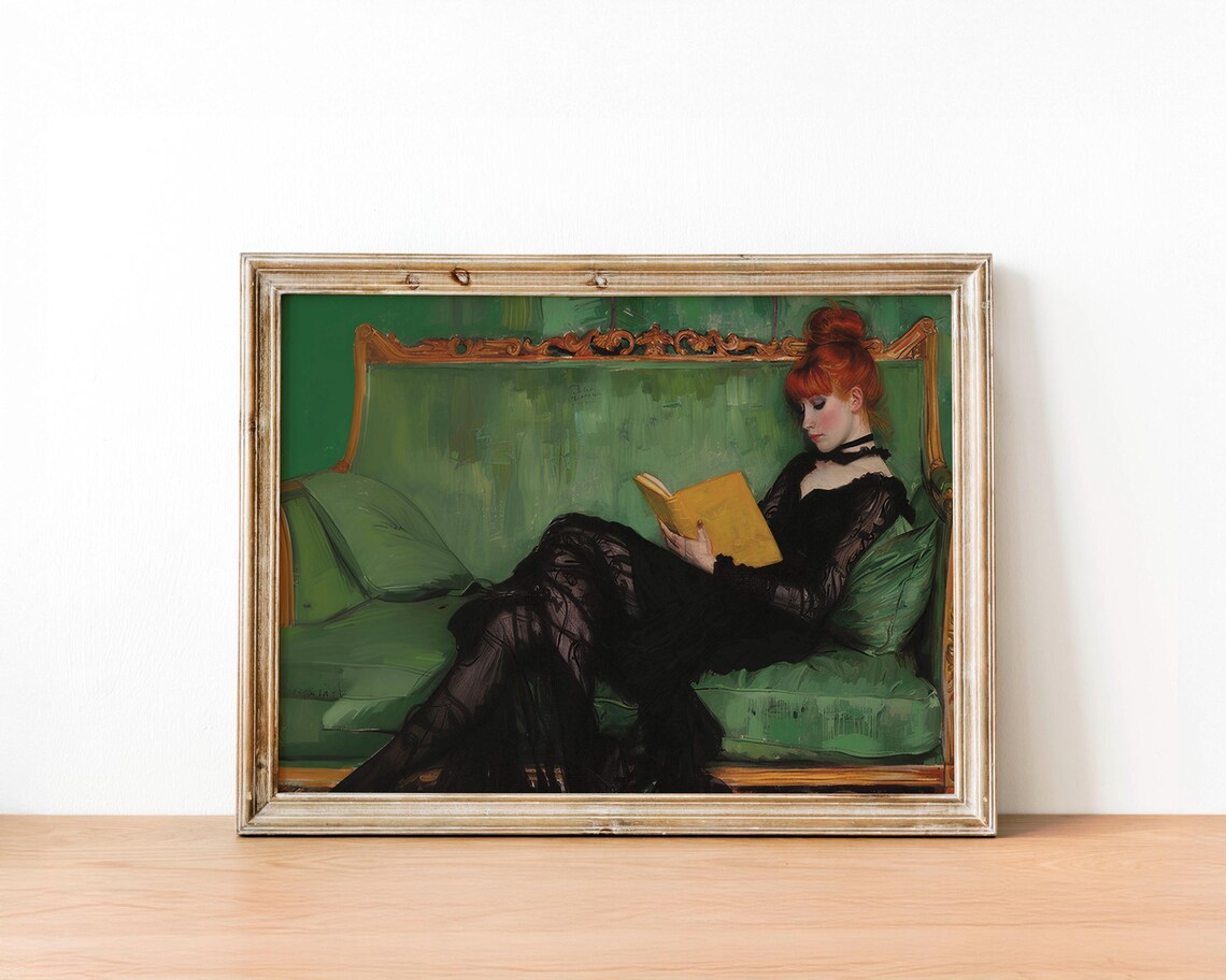Red-Haired Woman Reading a Book on Emerald Sofa Vintage Poster