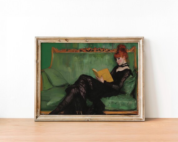 Red-Haired Woman Reading a Book on Emerald Sofa Vintage Poster