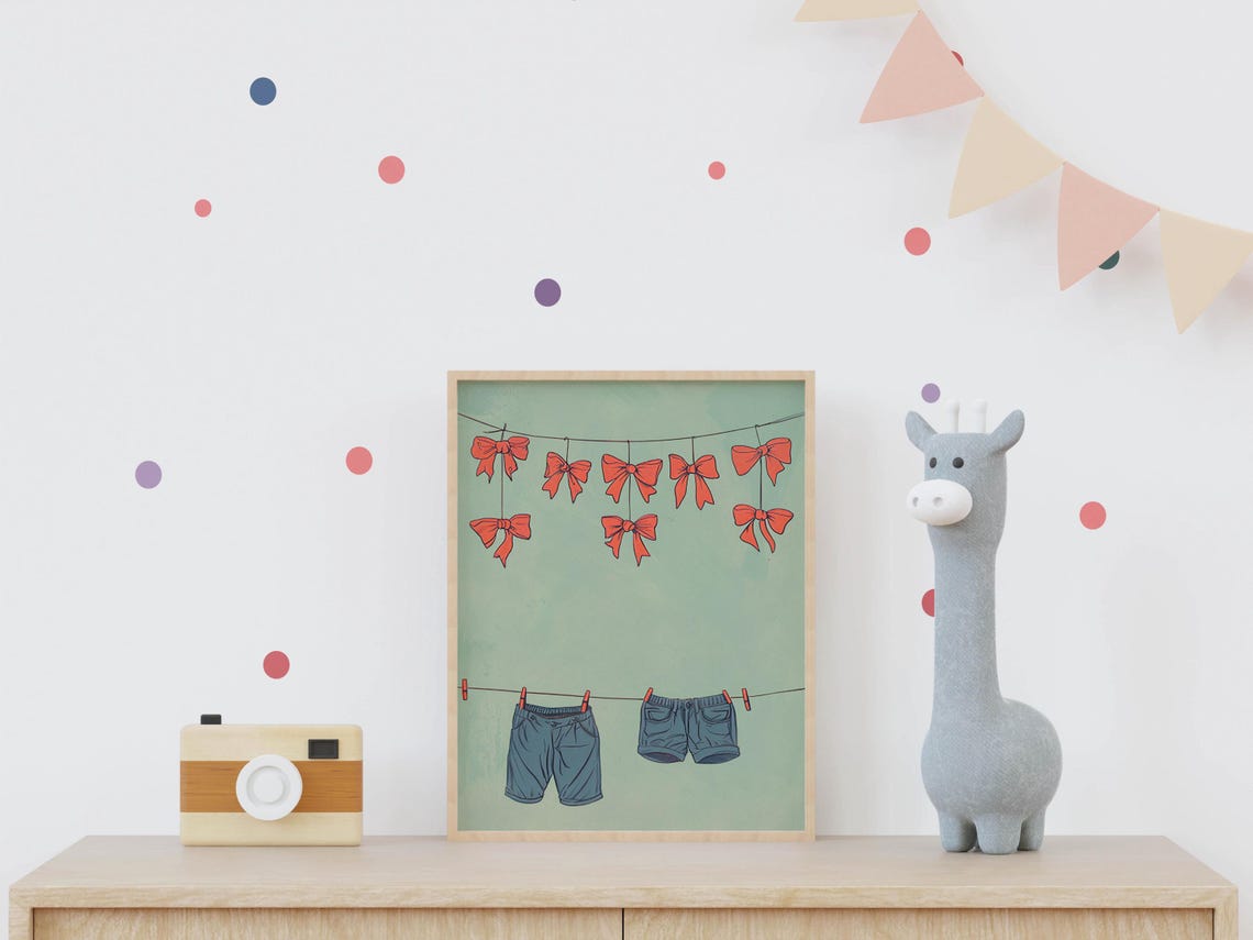 Red Bows and Denim Shorts Hanging on a Clothesline Kids Art Poster - Image 4