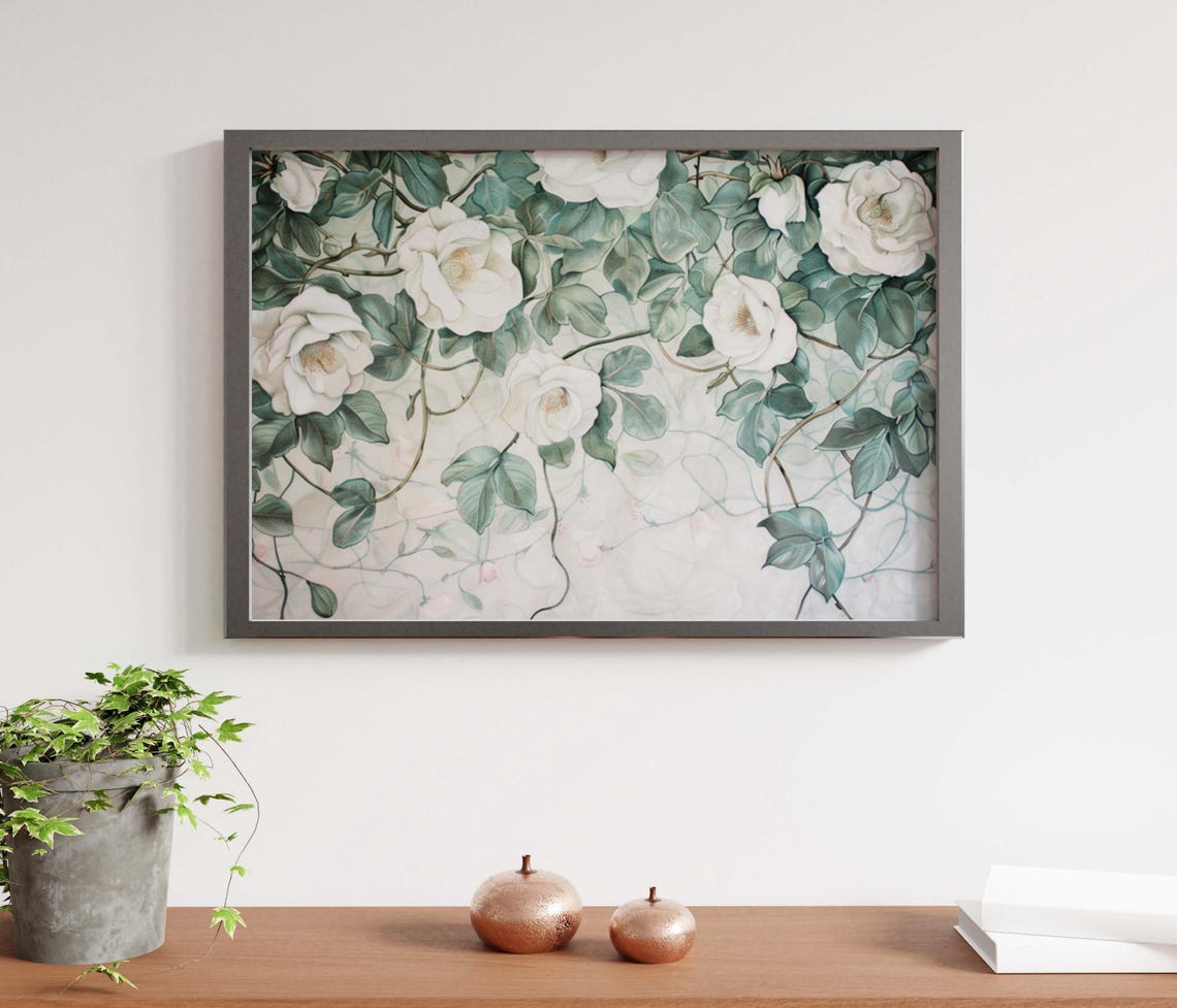White Climbing Roses With Lush Green Leaves Art Nouveau Wall Art - Image 3