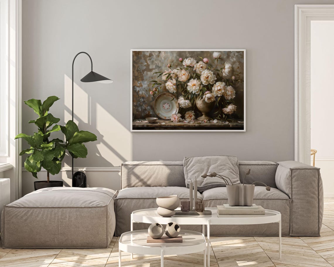 White Rose Bouquet Still Life with Vintage Plate Moody Art Poster - Image 2