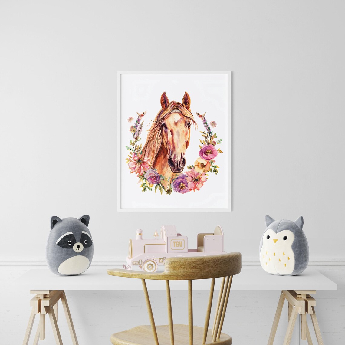 Chestnut Horse Portrait with Colorful Floral Wreath Nursery Poster - Image 5