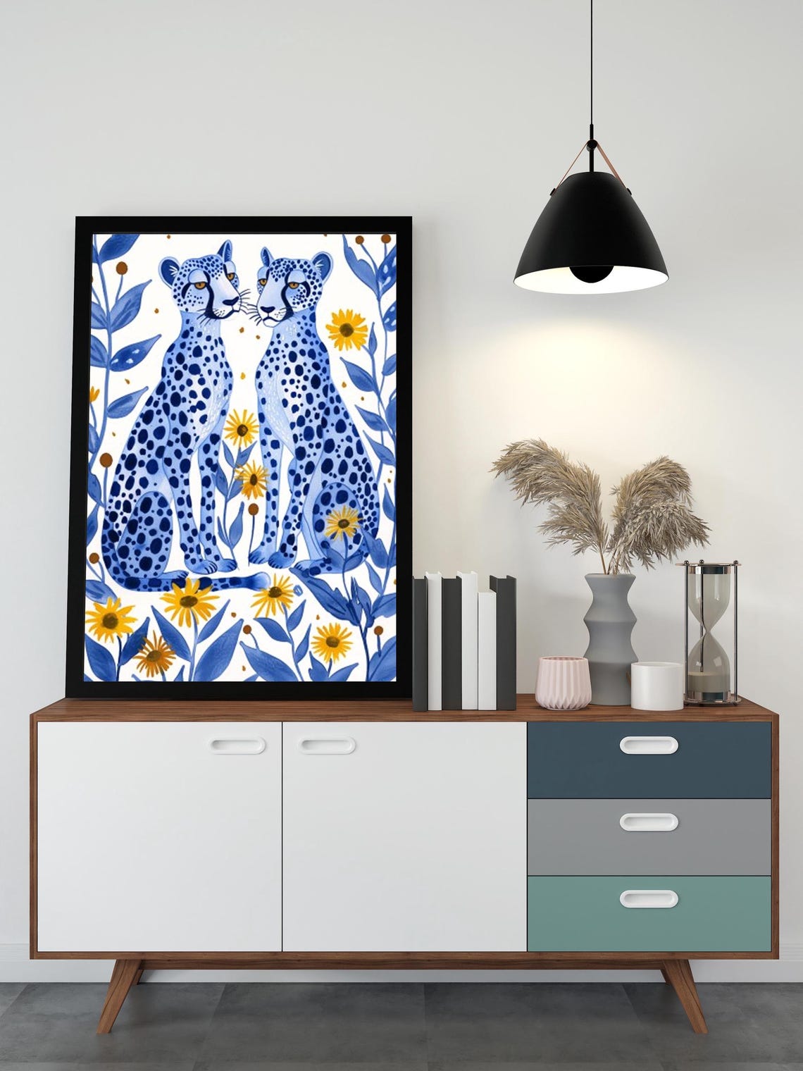 Two Light Blue Leopards Facing Each Other Among Daisies Poster - Image 4