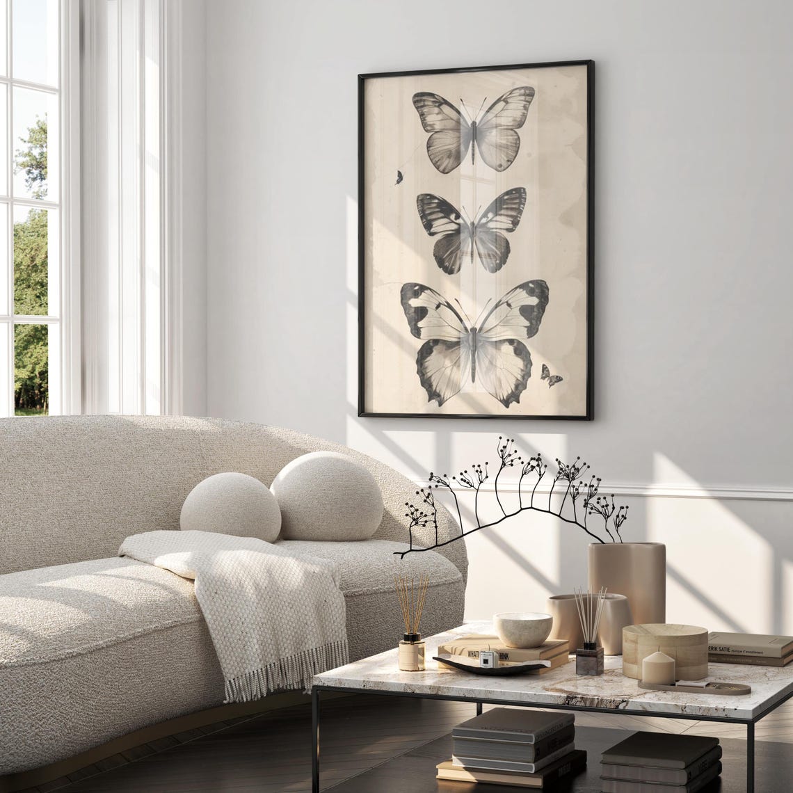 Three Vintage Butterflies Stacked Vertically on Aged Paper Poster - Image 3