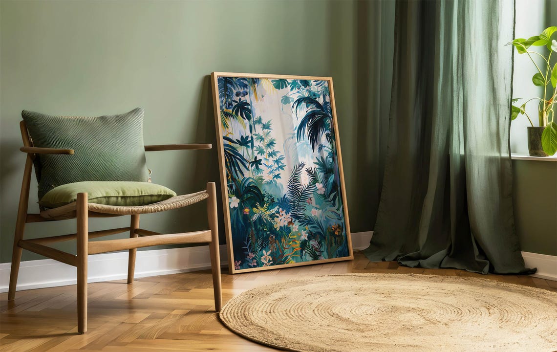 Tropical Rainforest Canopy in Deep Blue Greens Botanical Art Poster