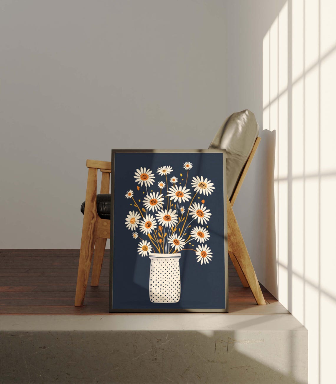 Chamomile Daisies in Polka-Dot Vase on Dark Navy Floral Poster - Image 3