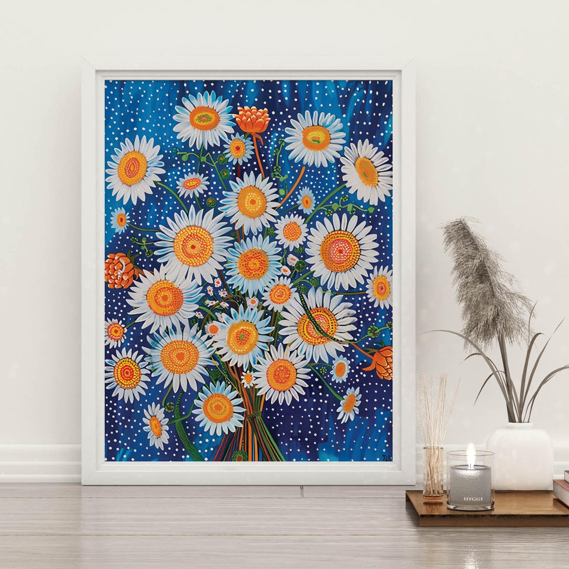 White Daisies with Orange Centers on Starry Blue Night Poster
