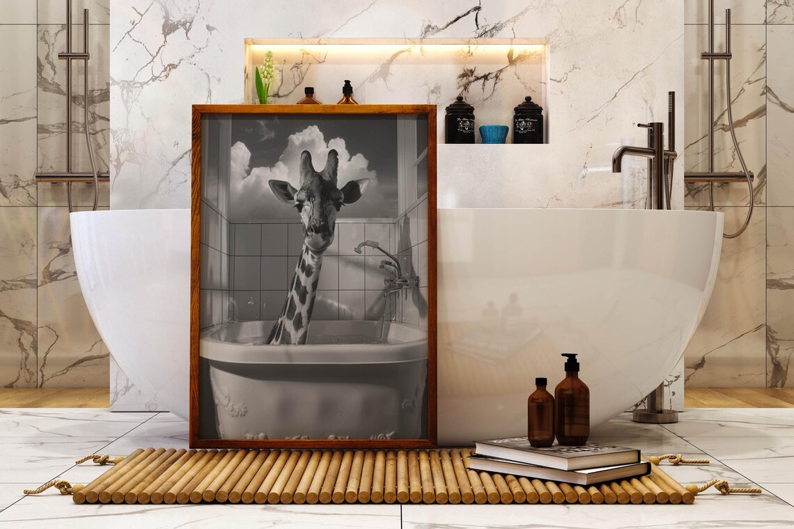 Funny Giraffe Soaking in Vintage Clawfoot Bathtub Black White Photo Poster - Image 6