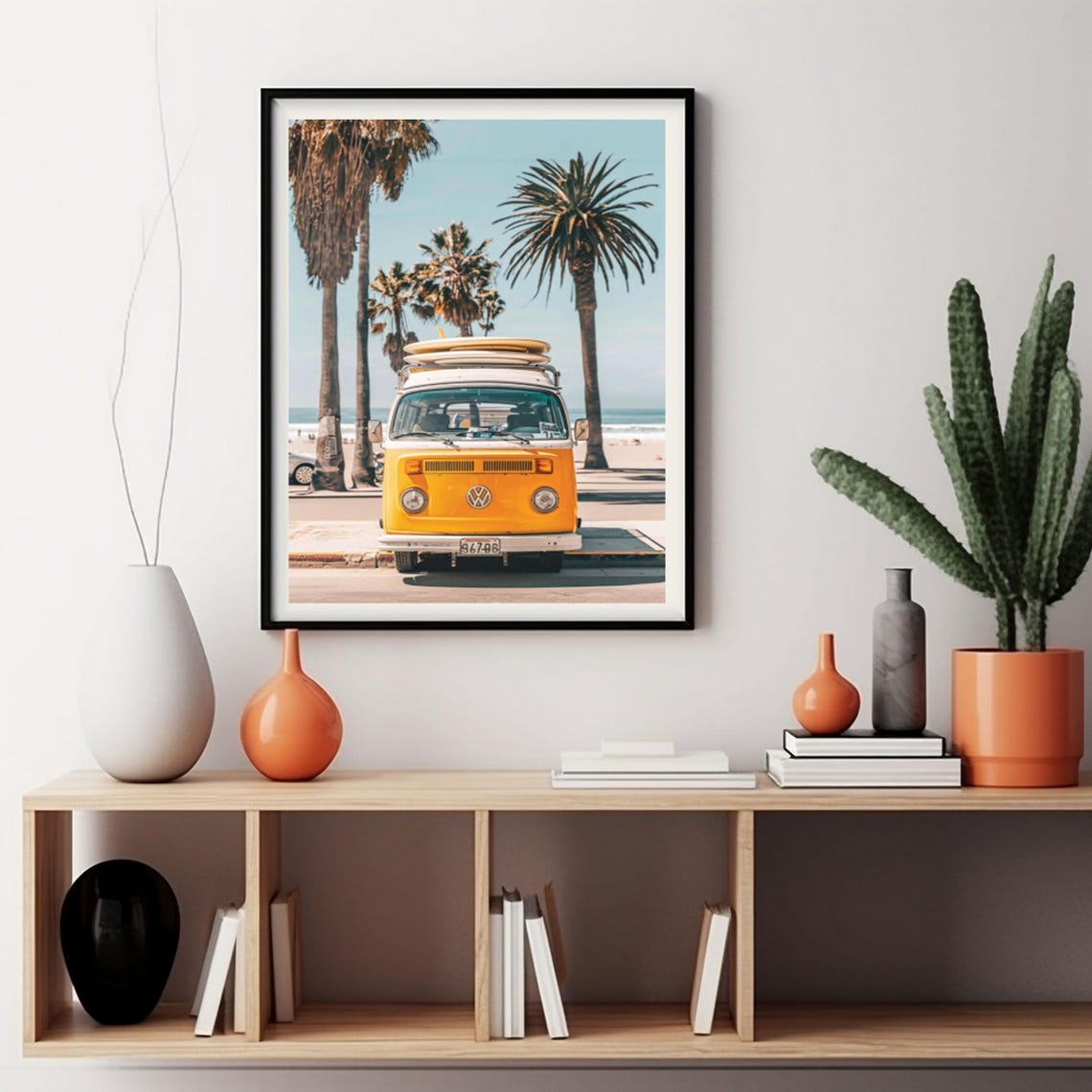 Yellow Classic VW Bus With Surfboards at a Palm Beach Poster - Image 7