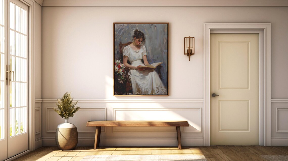 Woman in White Gown Reading a Book Vintage Oil Portrait Poster - Image 4